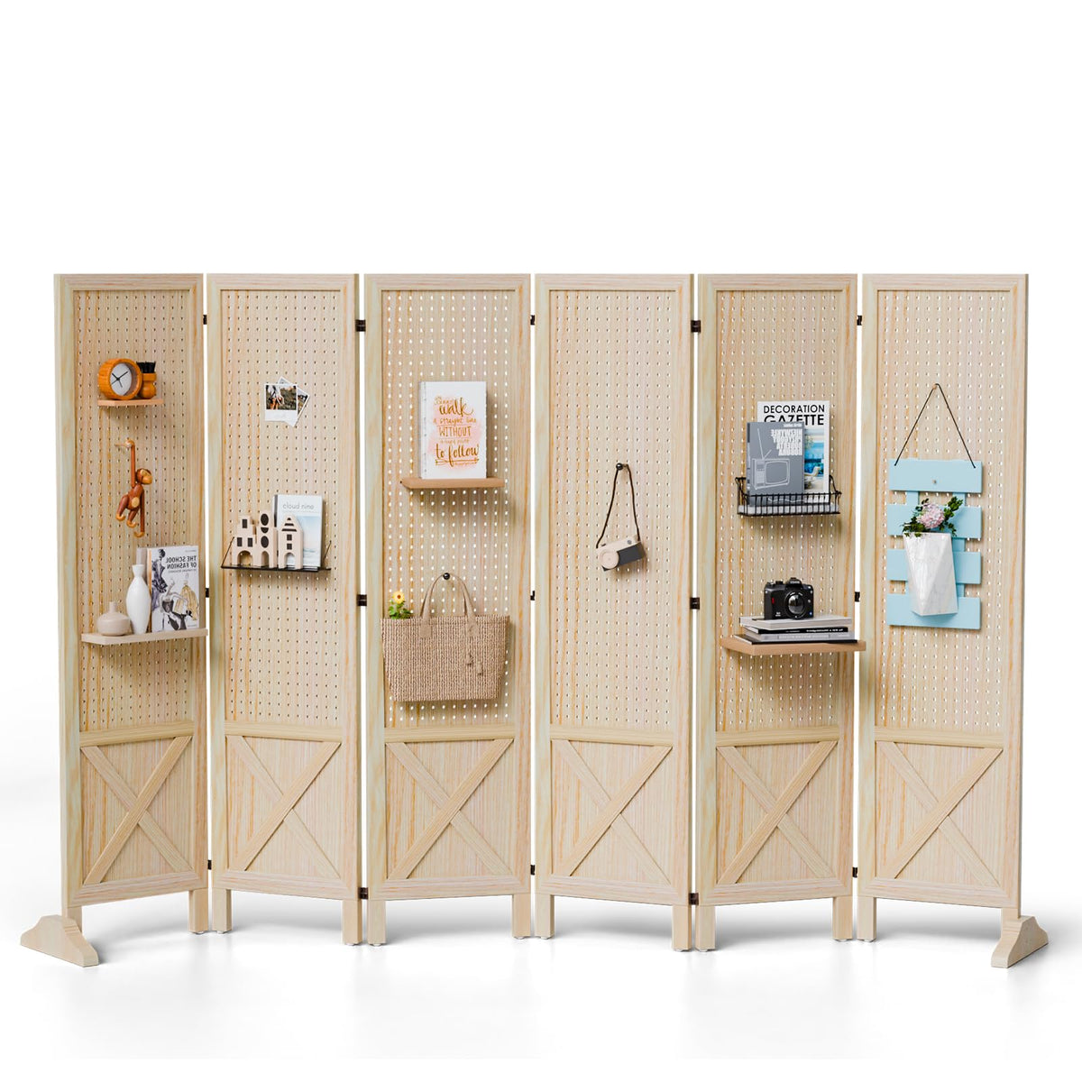 VINGLI Freestanding Pegboard with Support Feet, 5 FT Wood Room Divider Display Board Organizer, Folding Privacy Screen Partition Space Separator for Craft Shows Events Retail (Black, 4 Panel)