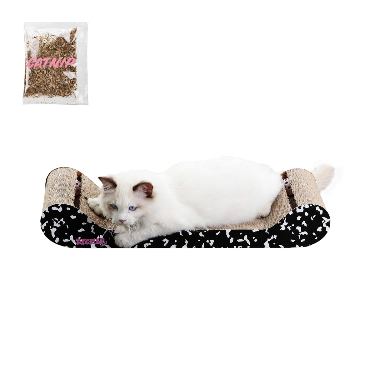 Rini 23.75" Modern Cardboard Cat Scratcher Lounge Bed with Built-in Bell Toys and Catnip, Ergonomic Curved Sofa Design, Oak Wood Finish, Set of 2 CSR1003C-SET2
