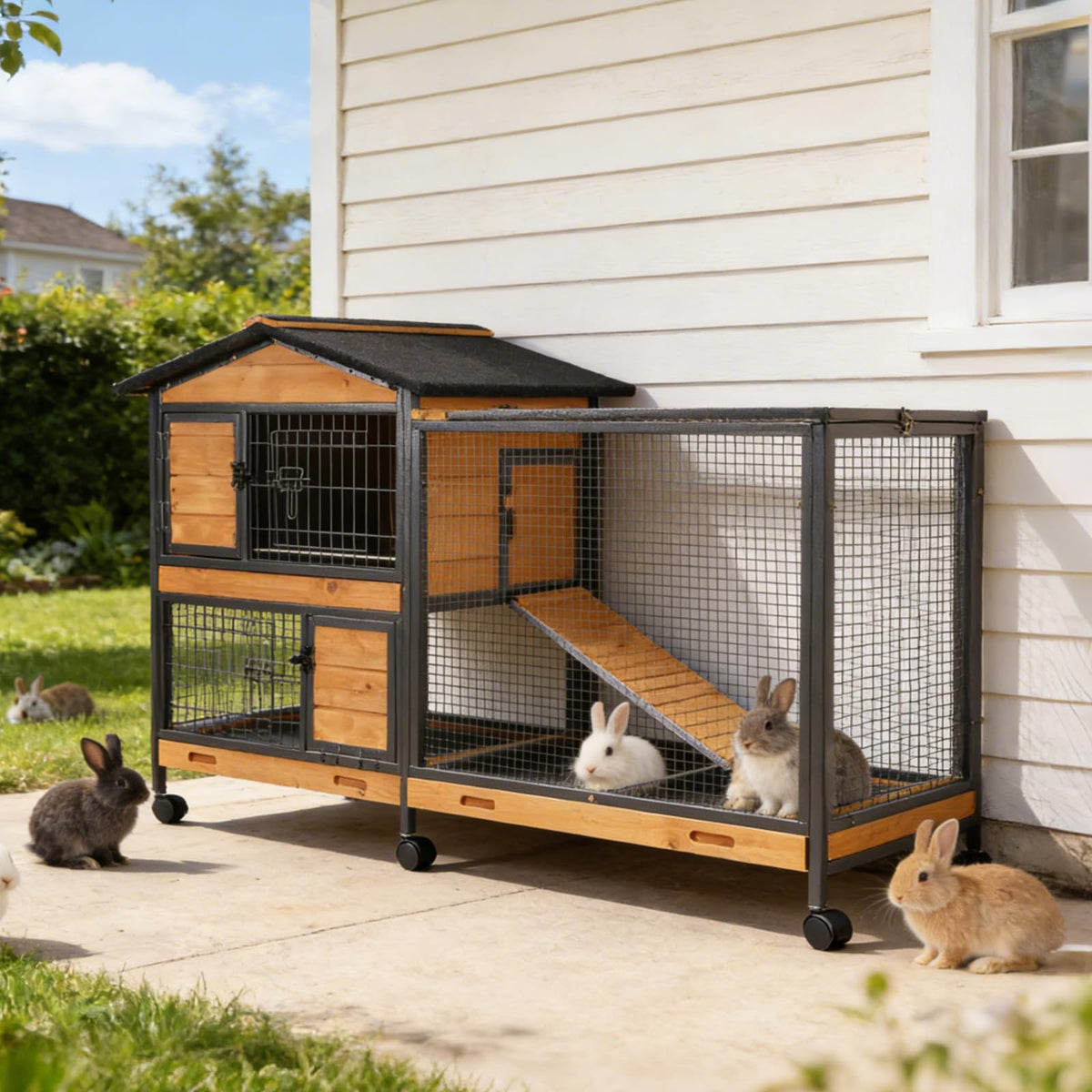 Suumerpety 2-Story Wooden Rabbit Hutch with Chew-Proof Ramp, Dual Leak-Proof Pull-Out Trays & 4 Lockable Wheels, Indoor Outdoor Bunny Cage for Rabbits & Guinea Pigs (Grey)