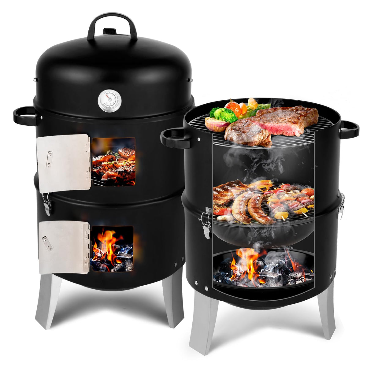 3-in-1 Vertical Charcoal Smoker BBQ Grill 18.8 Inch Outdoor Portable Smoker Grills with Built-in Thermometer, Air Vent Idea for Patio Backyard Barbecue Cooking Camping