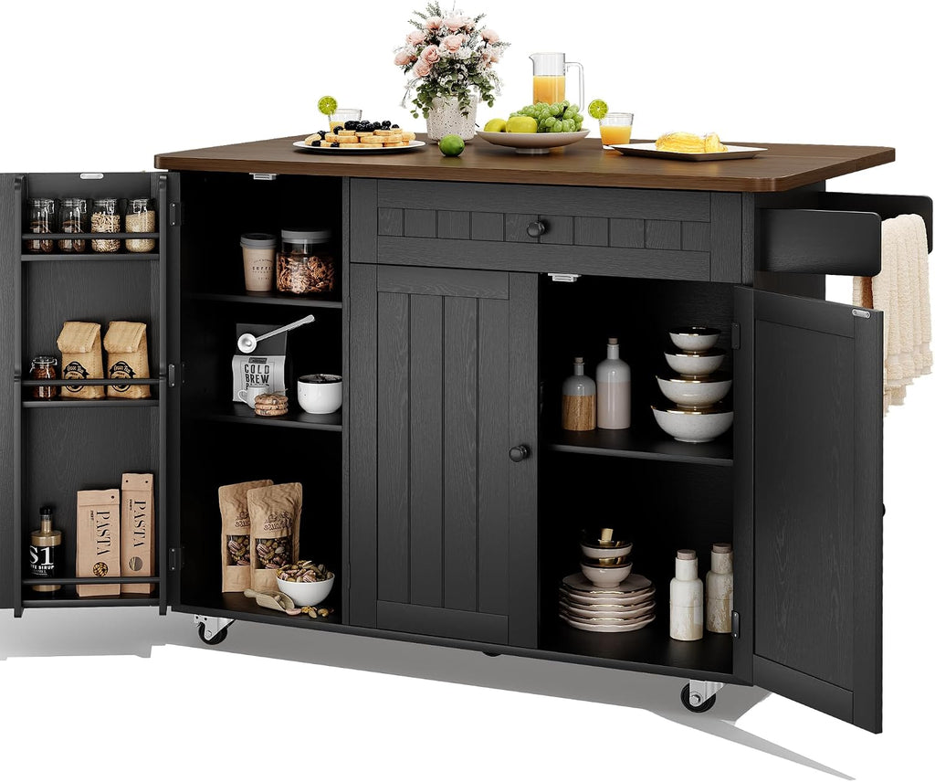 GRUSIGN 41.7" Rolling Kitchen Island Cart with Drop Leaf Storage, Black