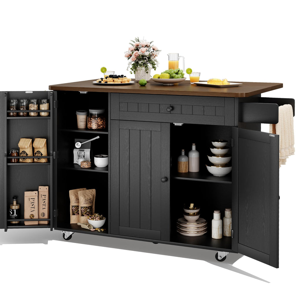 GRUSIGN 41.7" Rolling Kitchen Island Cart with Drop Leaf Storage, Black