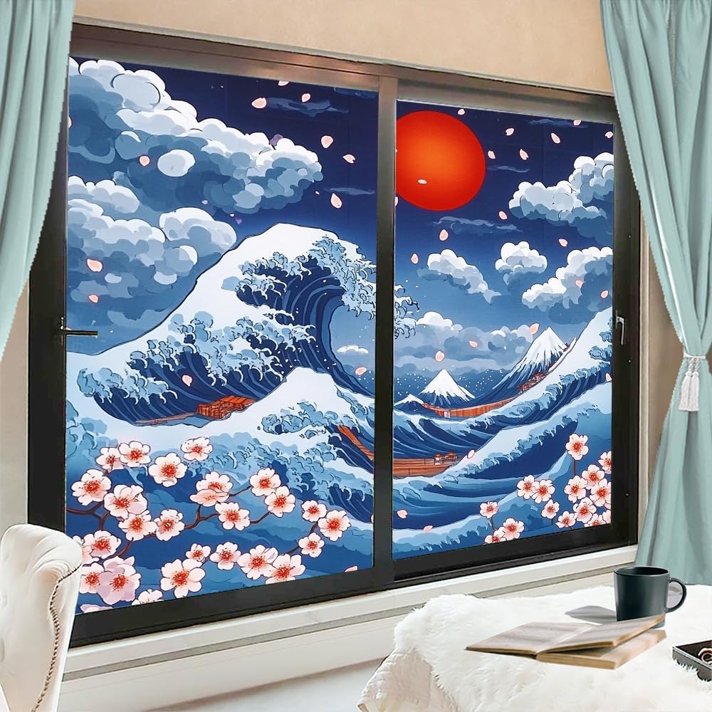Ocean Waves Cherry Blossoms Window Privacy Film 31.5Wx55.1L inch x 2pcs