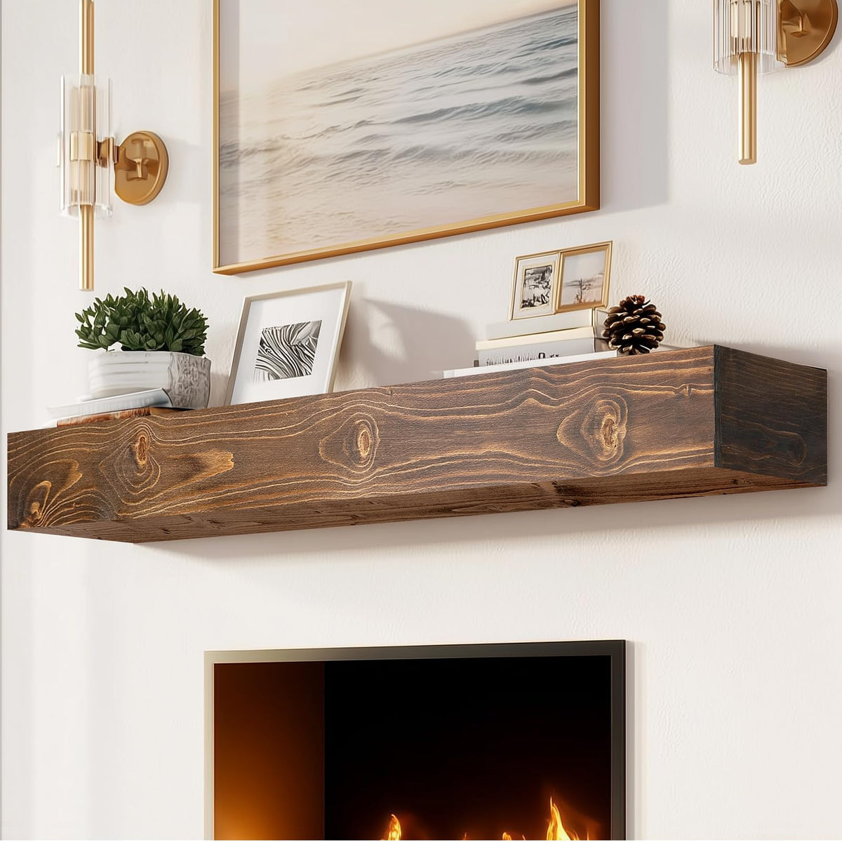 60x8x3in Rustic Fireplace Mantel Pine Wood, Weathered Brown