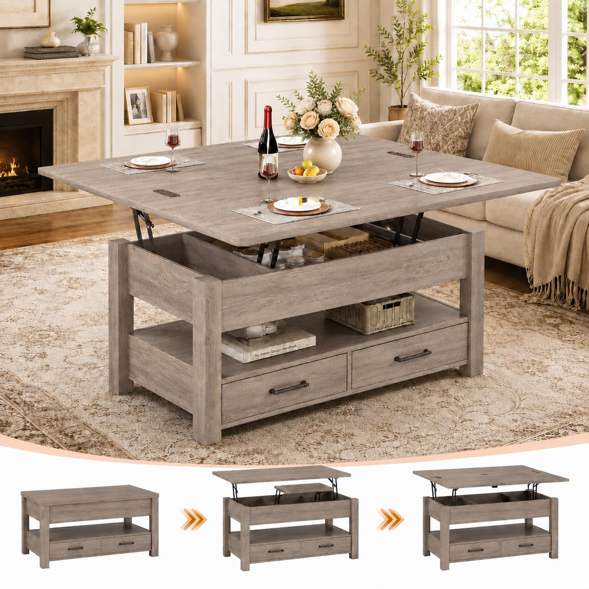 40" Lift Top Coffee Table, 4 in 1 Square Coffee Table with Storage Shelf & 2 Drawers, Modern Coffee Tables with Lift Tabletop, Converts to Dining Table for Living Room, Home Office
