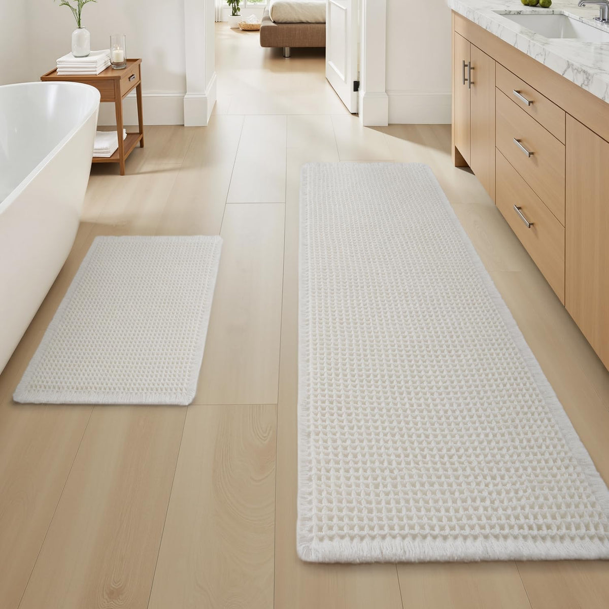 Upgraded Waffle Bath Mat Set of 2 Absorbent Bathroom Mat 18"x30" + 24"x48"