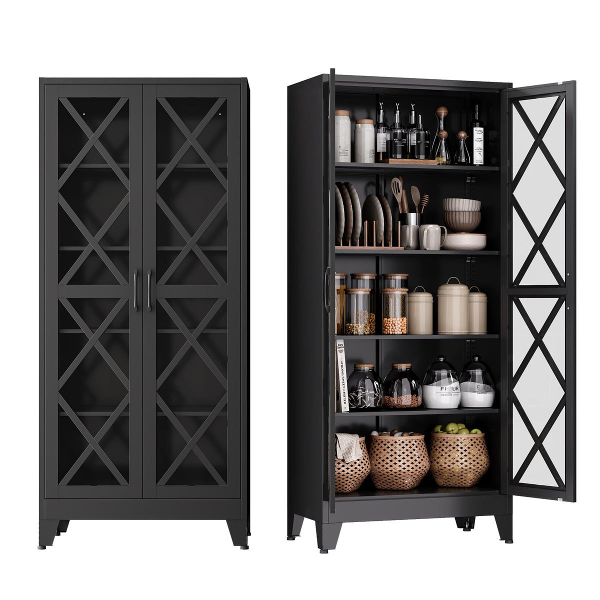 COFaR Black Farmhouse Storage Kitchen Pantry Cabinet with 2 Barn Door, 3 Adjustable Shelves and Legs, for Cupboard/Dining Room/Bathroom/Living Room/Office/Laundry Room (Black, 61" Farmhouse)