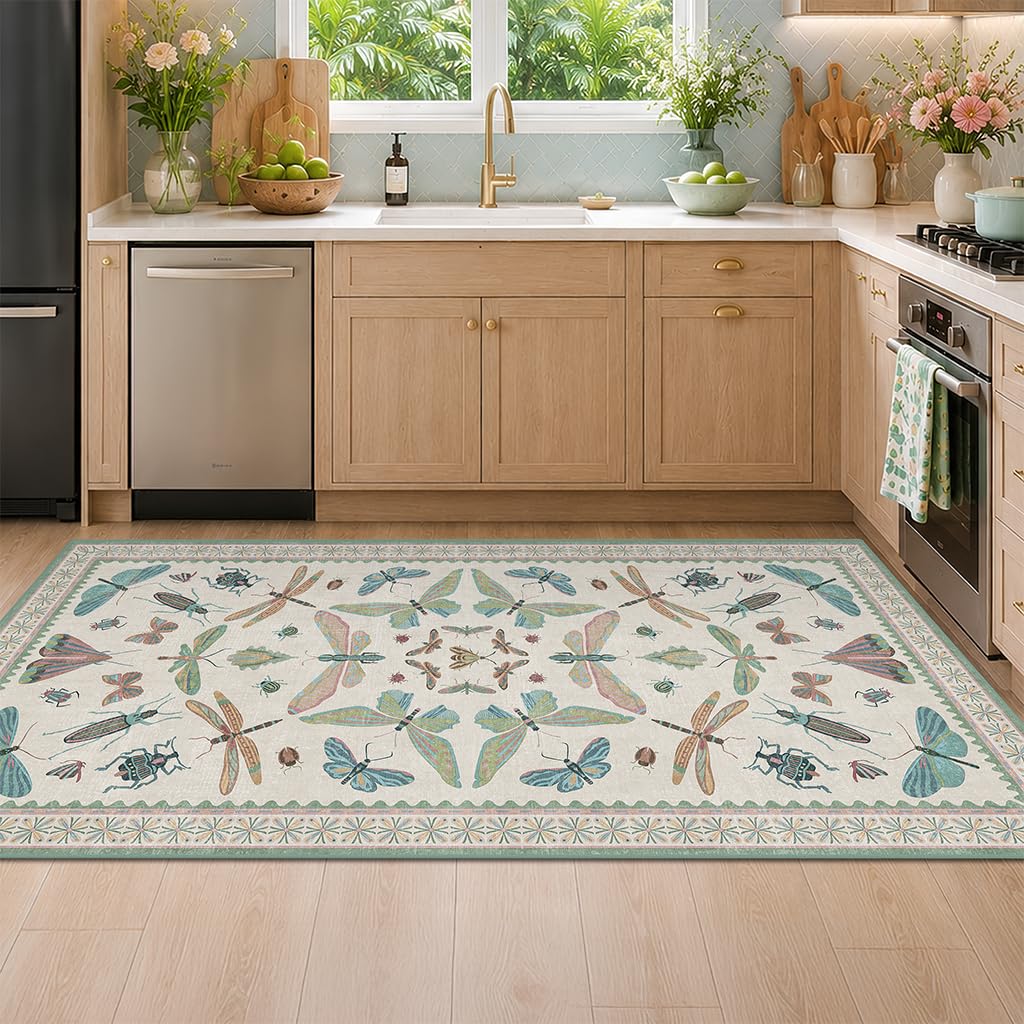 Hazo Haus Dark Green Insect Area Rugs 8x10 for Living Room, Dining Room Under Table, Bedroom, Unique Washable Floral Non Slip Low Pile Soft Rug
