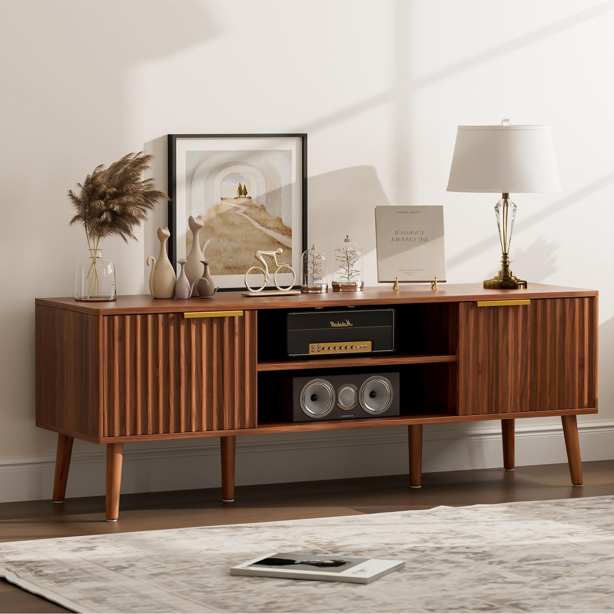 LCRBOL TV Stand with Fluted Doors for TVs up to 65", Mid-Century, Walnut