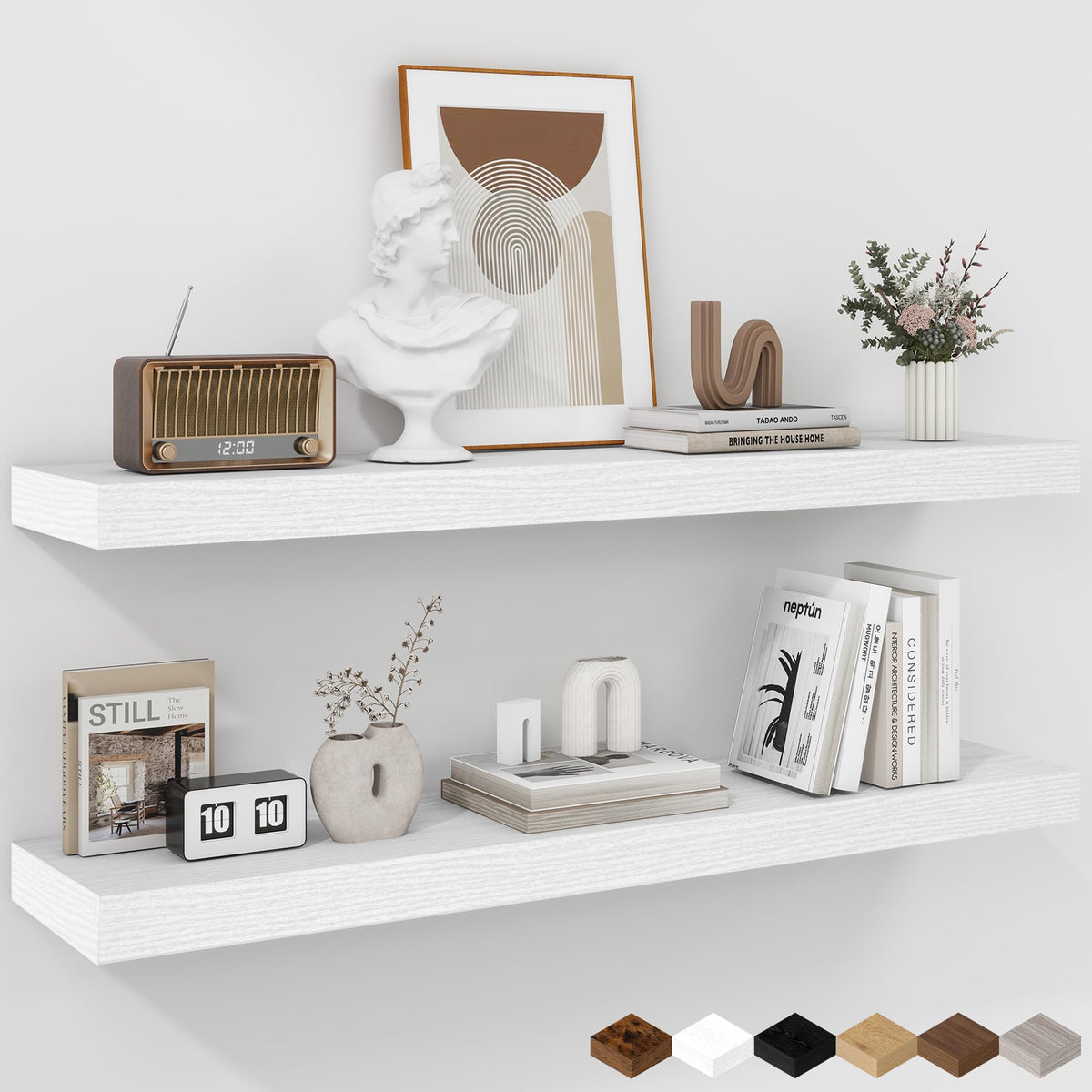Fun Memories Floating Shelves - 2 Pack 12 Inch Rustic Wooden Wall Shelves - Extra Deeper & Thicker Wall Mounted Storage Shelf for Living Room, Kitchen, Farmhouse - 36" W x 12" D x 1.8" H - Brown