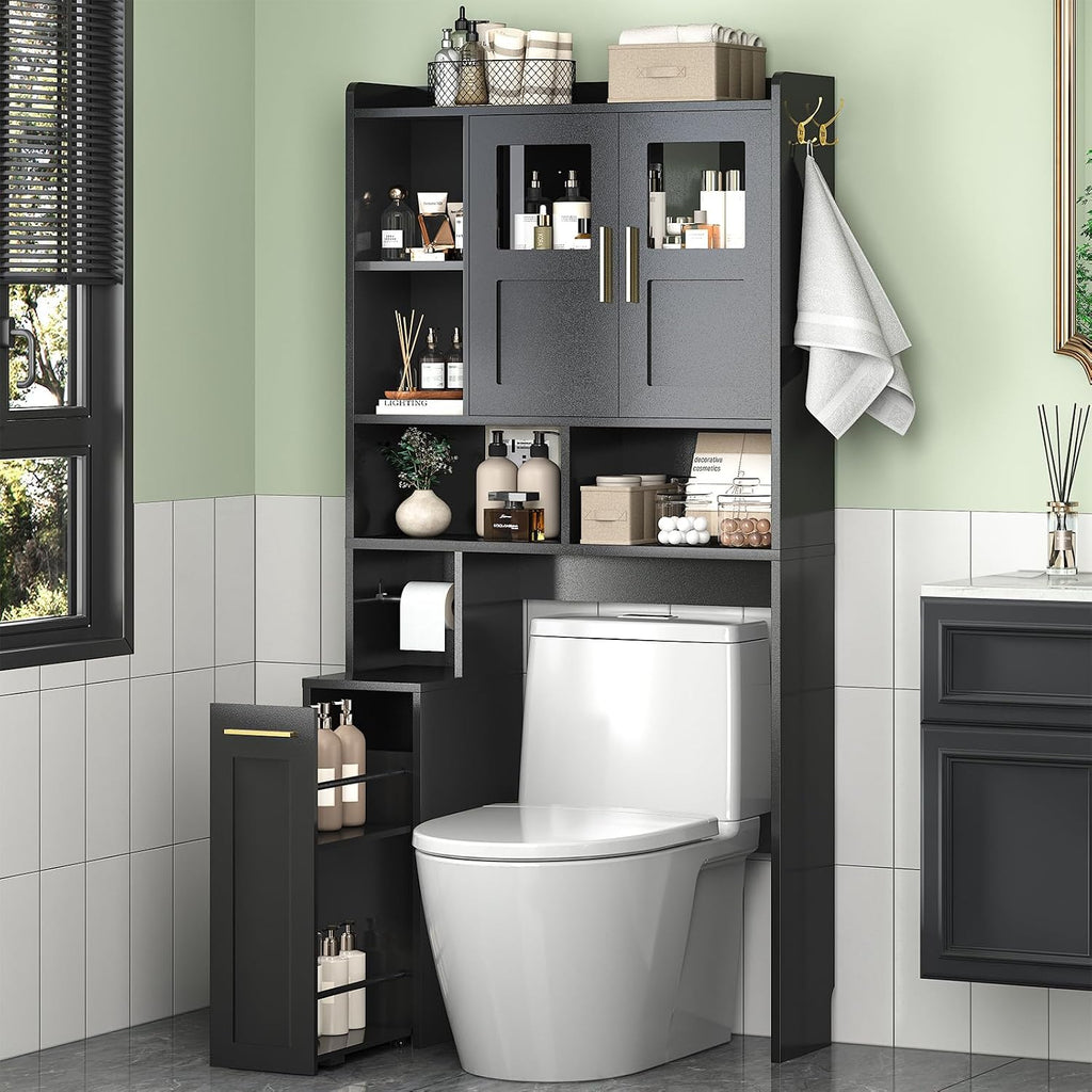 ELYKEN Over The Toilet Storage Cabinet with Pulley & Acrylic Doors, Black