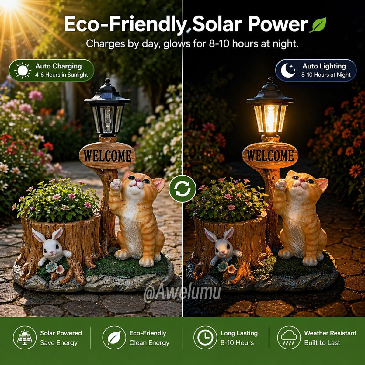 Solar Ginger Cat Statue with Welcome Sign & Lantern, Kitten Garden Figurine Planter Pot, Realistic Outdoor LED Light for Porch, Yard Art & Lawn Decor, Unique Gift for Cat Lovers