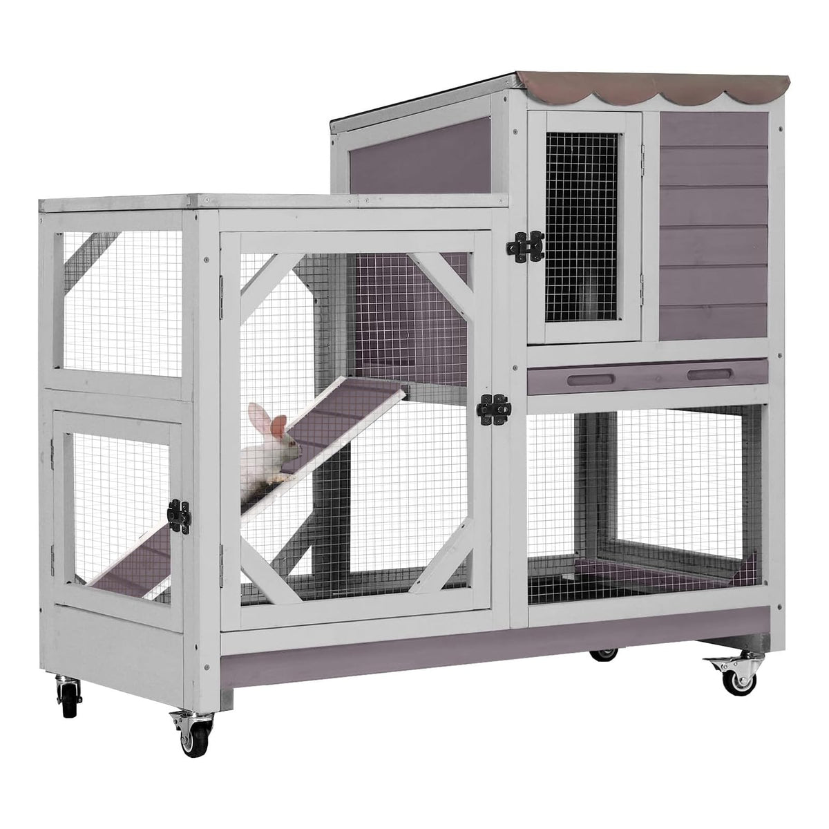 GUTINNEEN Rabbit Hutch Mobile Bunny Cage with Large Wheels, Chewproof Ramp, Leak Proof Trays – Ideal Cage for Rabbits, Guinea Pigs, Indoor/Outdoor Use, 44" L x 20" W x 41.5" H