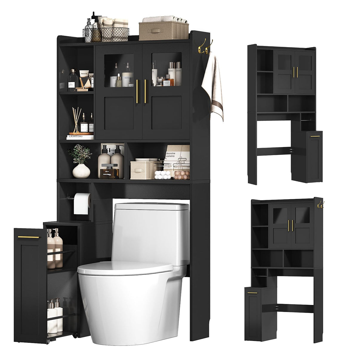 ELYKEN Over The Toilet Storage Cabinet with Pulley & Acrylic Doors, Black