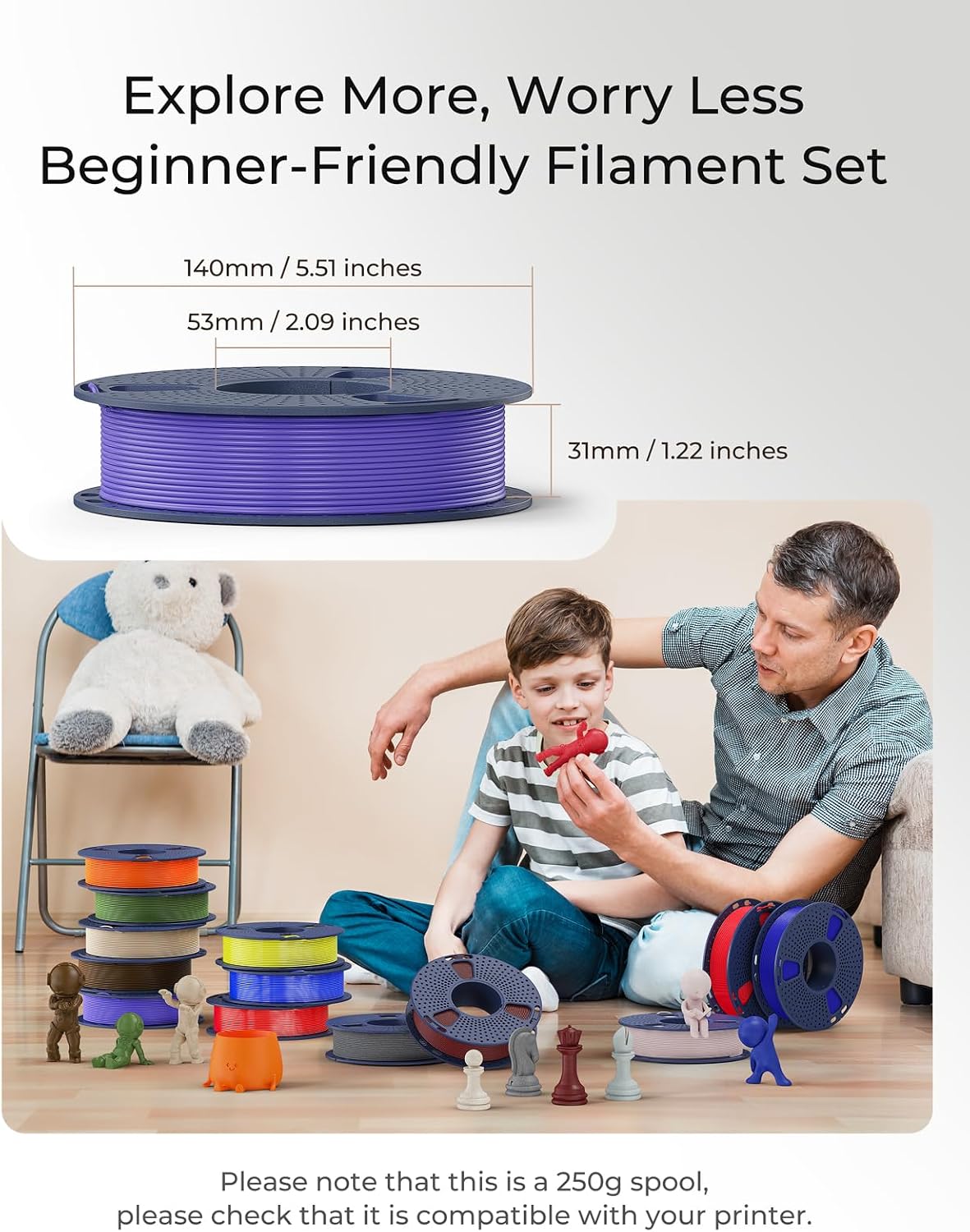 SUNLU PLA Filament 1.75mm, 250g Spool Bundle, 3D Printer Filament