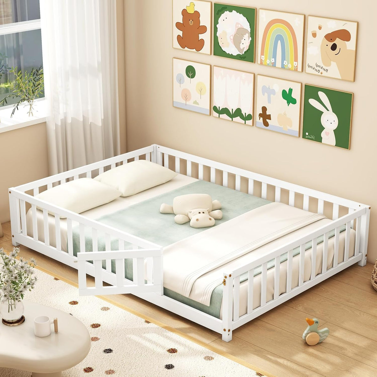 GIANTEX Full Size Floor Bed for Kids, Low Montessori Bed with Wood Slats & Safety Guardrails, Solid Wood Full Floor Beds with Fence and Door for Kids Boys Girls, White