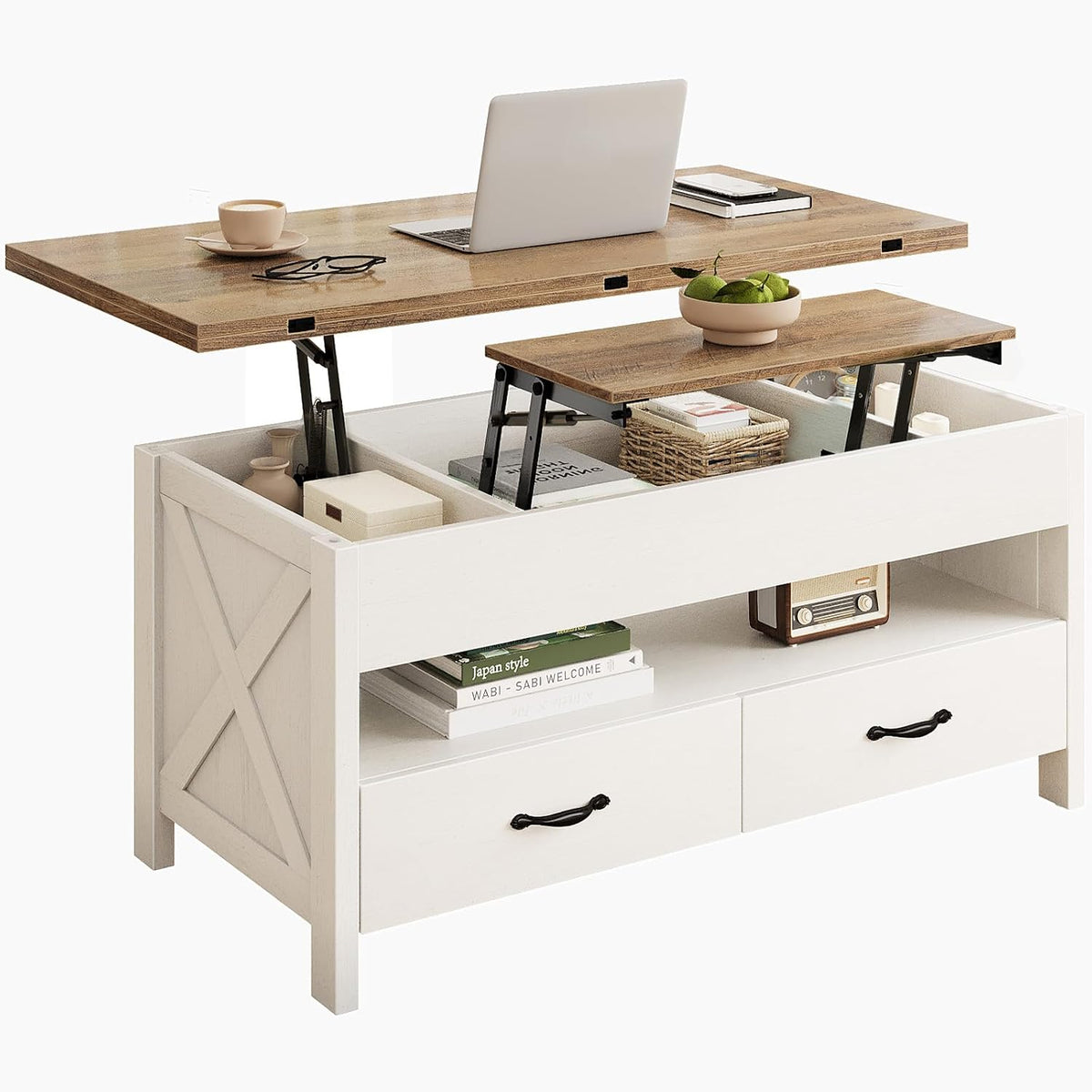 Marsail 40" Lift Top Coffee Table, 4 in 1 Coffee Table with Hidden Compartment, 1 Open Shelf and 2 Drawers, Multifunctional Farmhouse Center Table for Living Room and Home Office, Brown and White