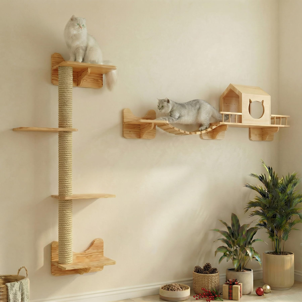 NOVGOBHOT Cat Wall Shelves for Large Cats – 9-Piece Wooden Wall-Mounted Cat Shelves Set, Kitty Climbing System with Perches, Scratching Post & Condo House