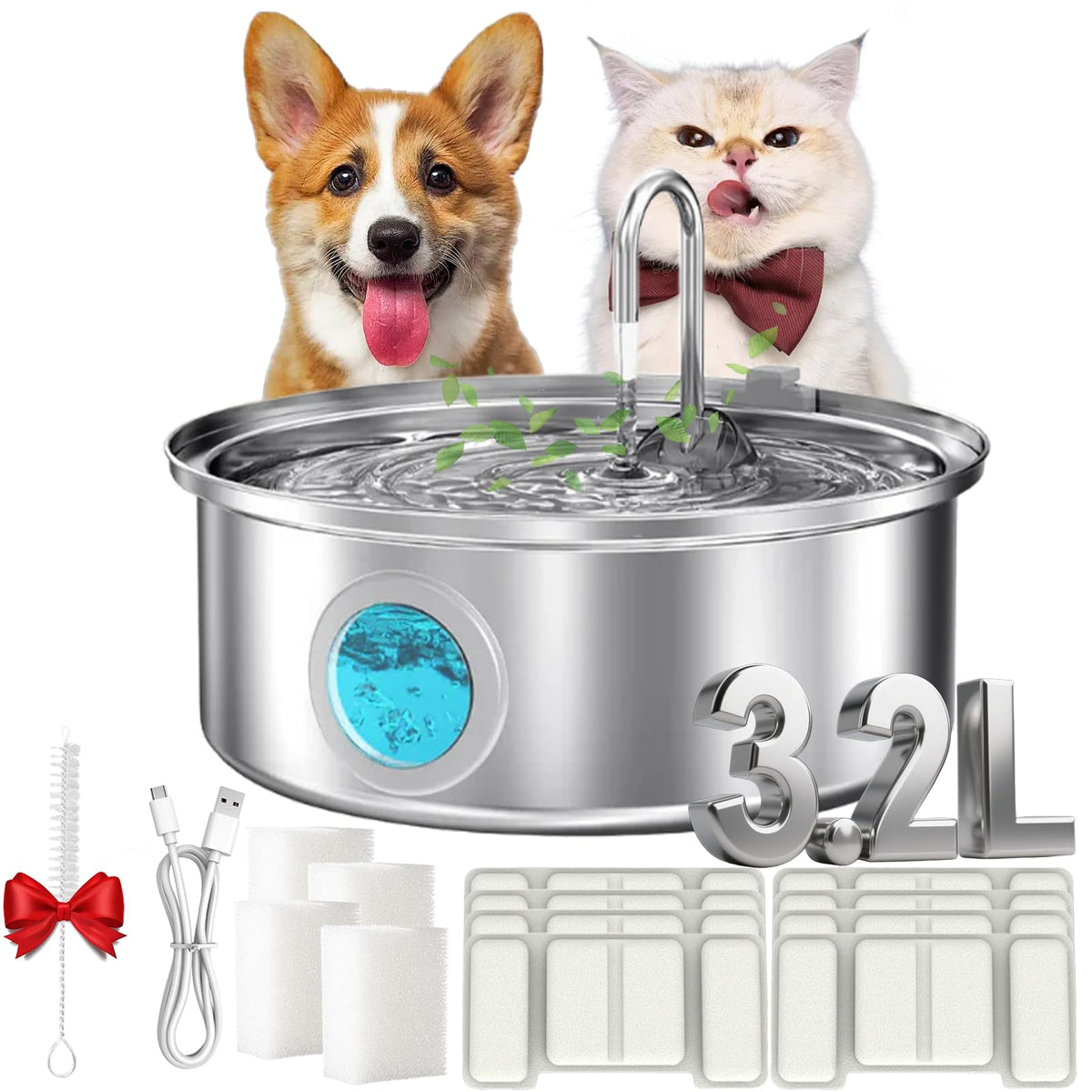 Water Fountain for Cats, 2026 New Stainless Steel Water Fountain, Ultra-Quiet Cat Fountain with 2 Filters, 3.2/7L(108/236oz) Cats Essentials Water Fountains for Cat, Dog(8Filters, 7L)
