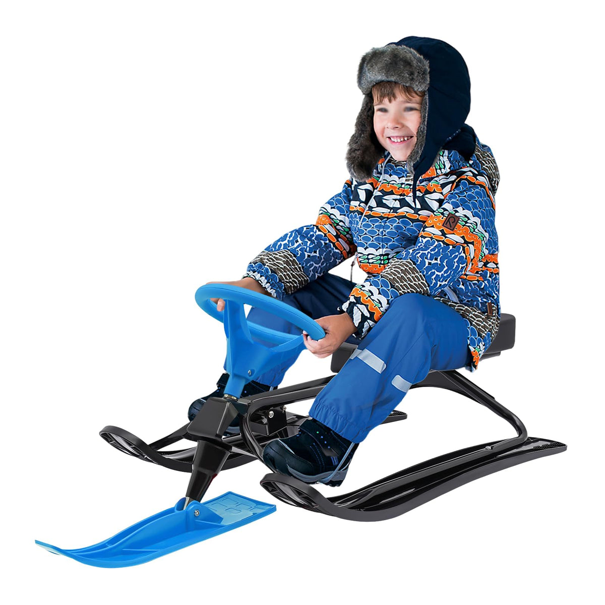 Snow Racer Sled, Ski Sled with Steering Wheel & Twin Brakes, Durable Steel Frame, Great Weight Capacity of 220 LBS, Sled for Kids Age 6 & Up, Teenagers Adult