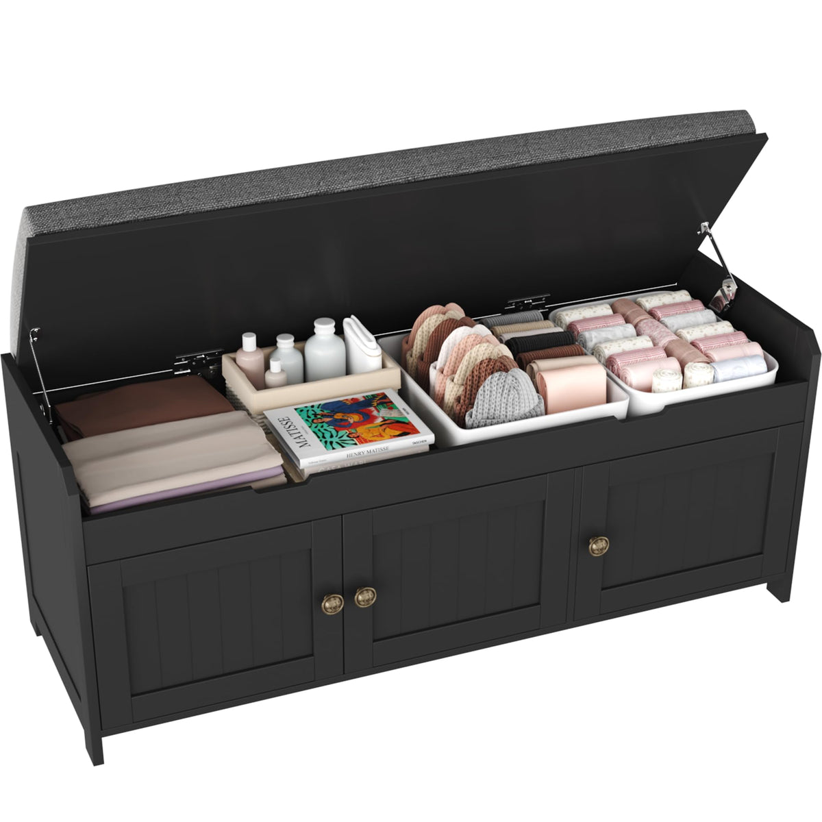 HOMEFORT 54.4" Shoe Bench with Lift Top Storage, Entryway Bench with Cushioned Seat, Wooden End of Bed Bench, Shoe Cabinet Bench with Hidden Storage Space, for Bedroom, Hallway,White