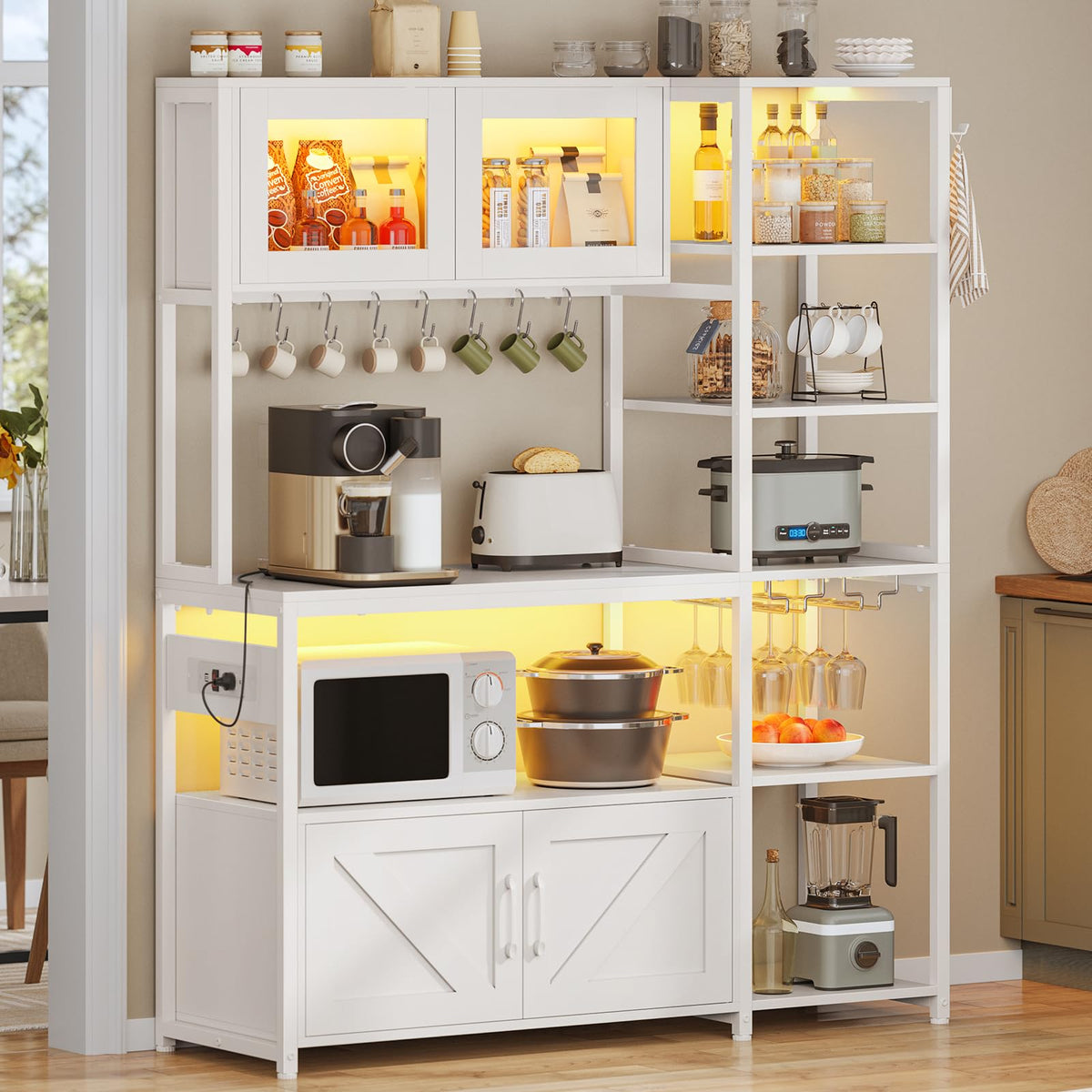 Itaar Bakers Rack with Power Outlet and LED Light, 45.3 Inch Farmhouse Coffee Bar Cabinet, Kitchen Microwave Stand with Storage, Glass Cabinet, Goblet Holder and 8 Hooks (Rustic Brown)