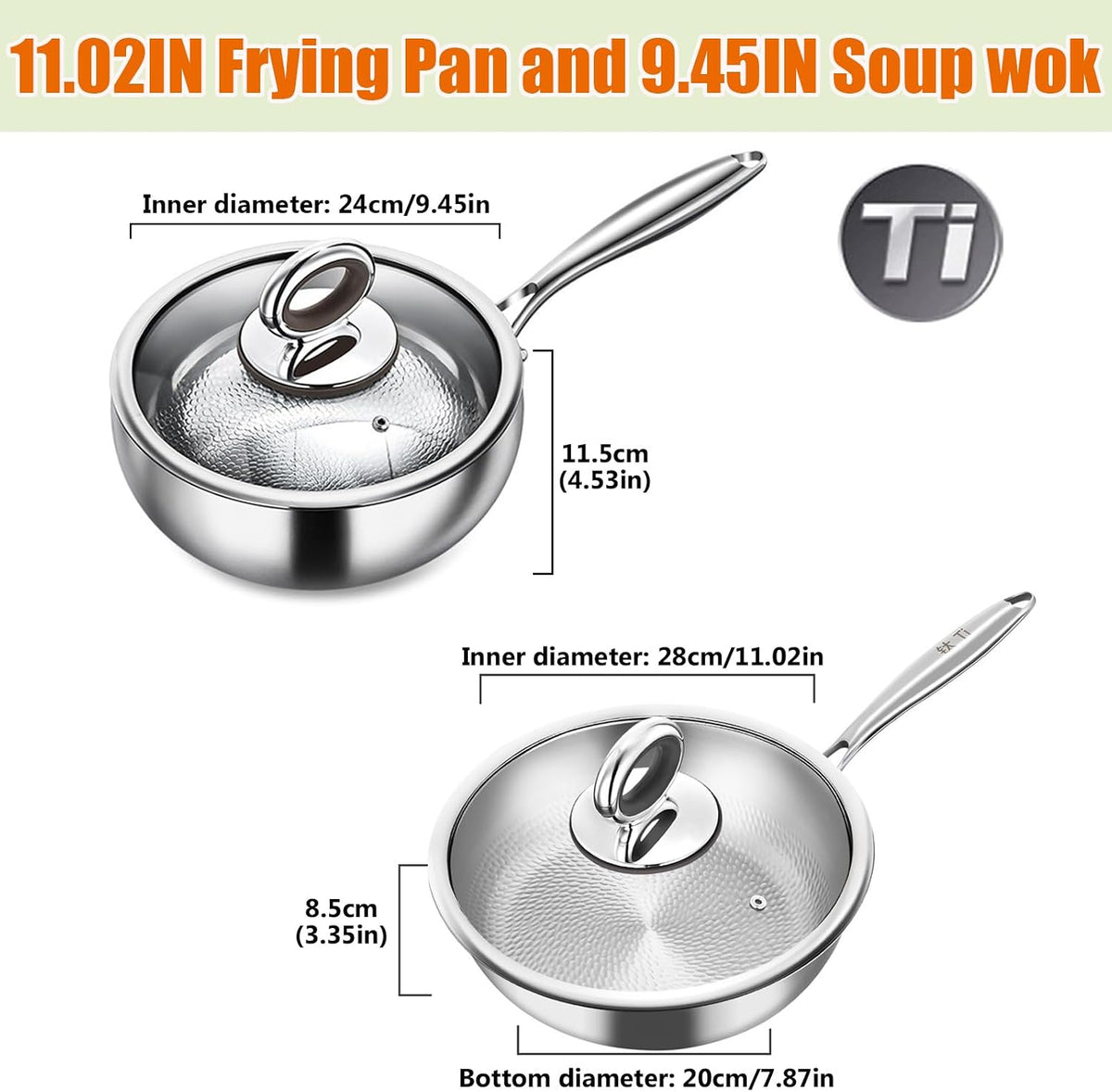 Titanium Cookware Set, 11'' Titanium Pans for Cooking, 9.45'' Soup Wok with Lid, Titanium Hammered Chef-Grade Design,PFAS/PFOA/PTFE-Free, Induction & Oven-Safe, Dishwasher Safe,Pan soup wok,11