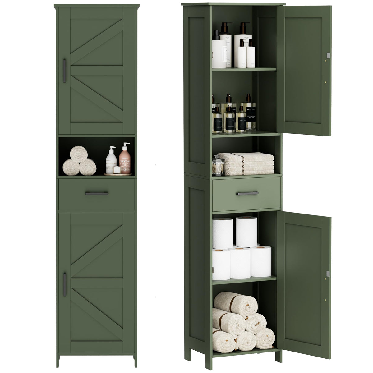 Homhedy 67" H Tall Bathroom Storage Cabinet with Barn Doors and Drawer