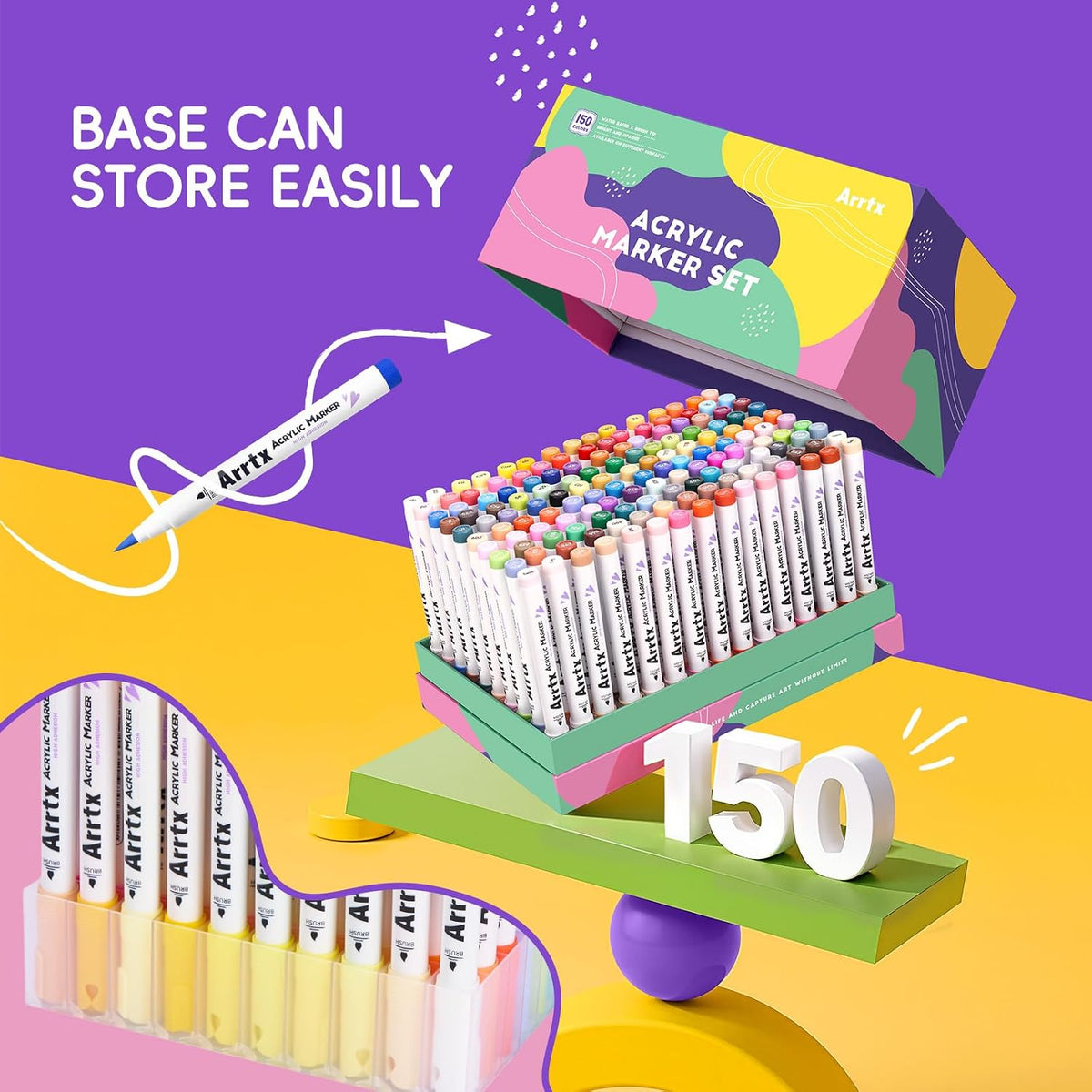 Arrtx 150 Colors Markers Paint Pens, Acrylic Paint Pens for Artists Adults Coloring Drawing Cartoon Anime Comic - Brush Tip for Rock Painting, Wood, Canvas, DIY Crafts Making Art Supplies