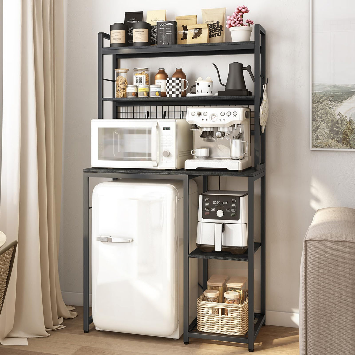 Multi-Functional Mini Fridge Stand, Mini Fridge and Microwave Storage Shelves with Power Outlet, Large Bakers Rack and Storage for Kitchen Appliances, Perfect for Dorm Kitchen Coffee Bar
