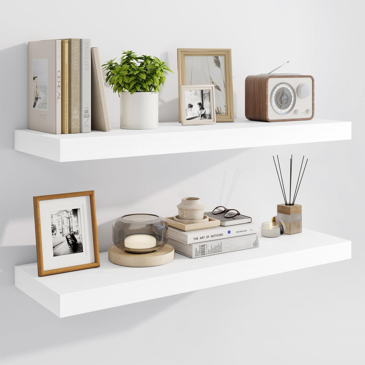 Marsmiles 55" Floating Shelves for Wall, Wooden Shelves with Invisible Brackets Set of 2, Rustic Farmhouse Wall Mounted Shelf for Kitchen Bathroom Living Room Study, White