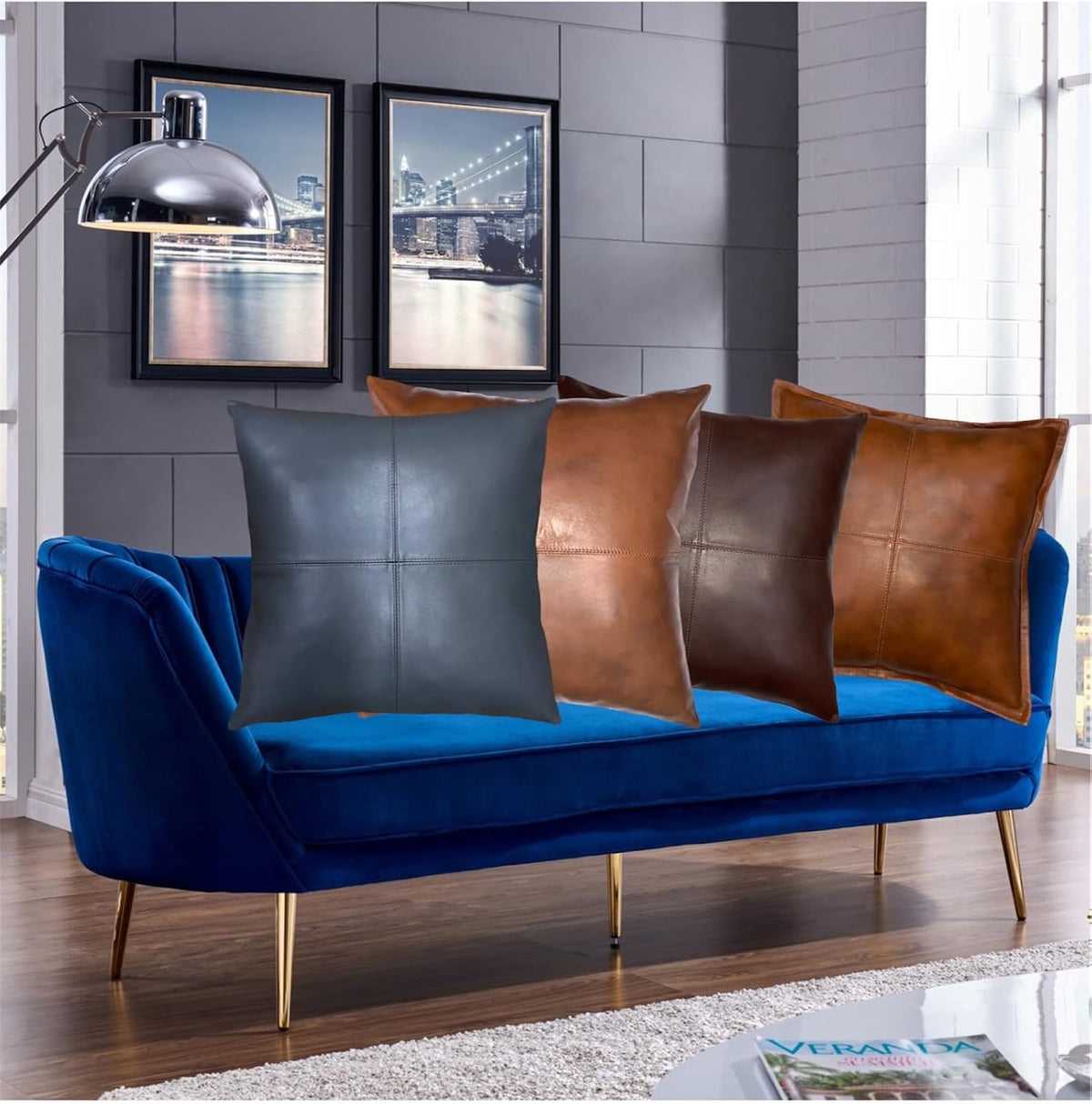 Grey Thick Genuine Leather Pillow Cover Decorative for Couch Throw Pillow Case Grey Leather Cushion Cover. (22" x22'')