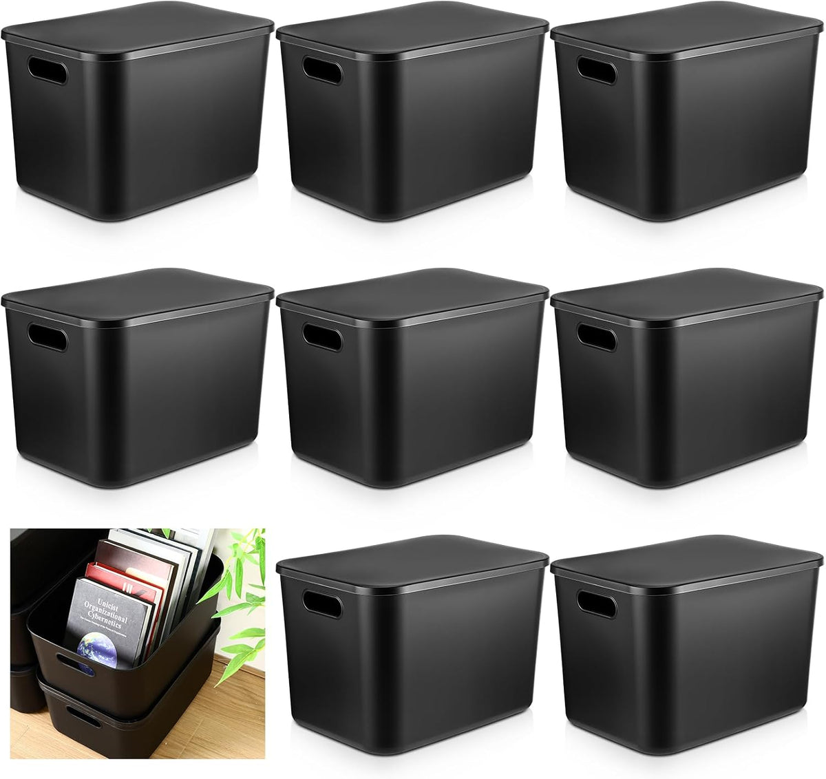 Hoolerry 8 Pieces Storage Bins, 14.2 x 10.2 x 9.5 Inch, Black