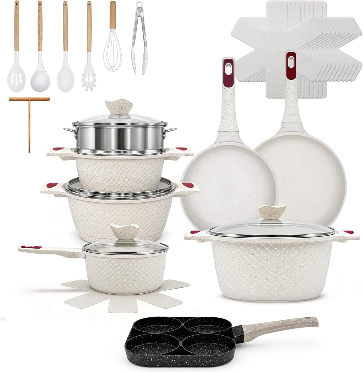 29Pcs Pots Pans Set Ceramic Nonstick Cookware Sets,White Fish Scale Pattern,Saucepot,With Frying Egg Pans and a Heat-Resistant Glass Lid,Silicone Kitchenware Included|For Induction Cooktops