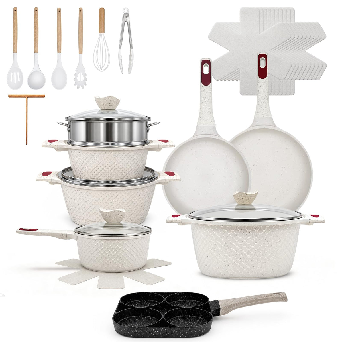 16 Piece Black Ceramic Sauce Pots and Pans Set, Nonstick Cookware Set with Lids,Fish Scale Kitchen Utensils, Healthy Ceramic Cooking Set, Induction Compatible, Dishwasher Safe, PFOA & PFAS Free