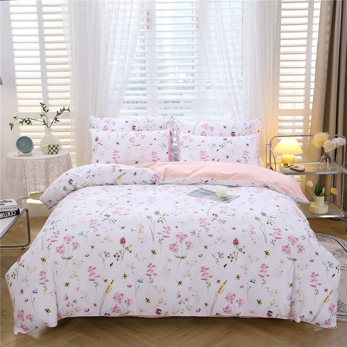 URBONUR 100% Cotton Floral Queen Duvet Cover Set 3-Pieces Botanical Bedding