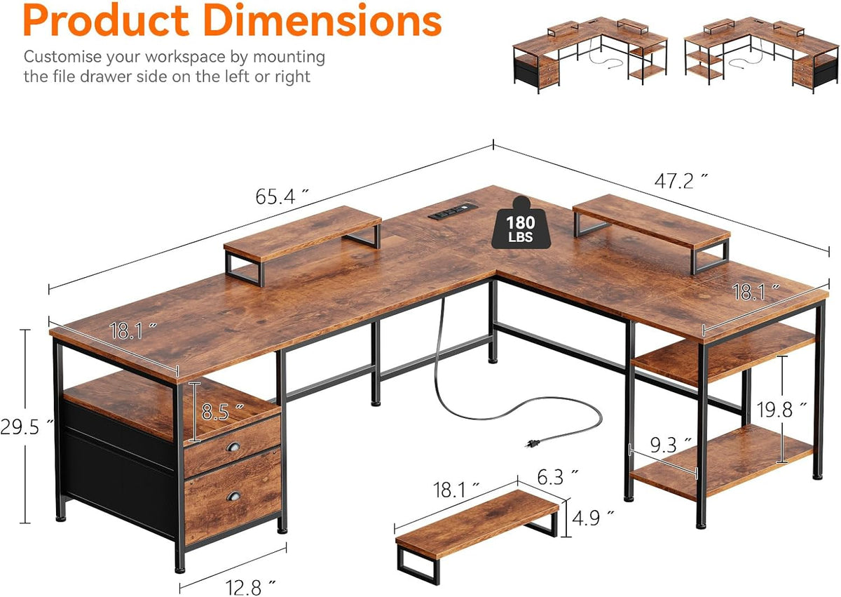 Furologee 66'' L Shaped Desk with Power Outlet and 2 Drawers, Rustic Brown