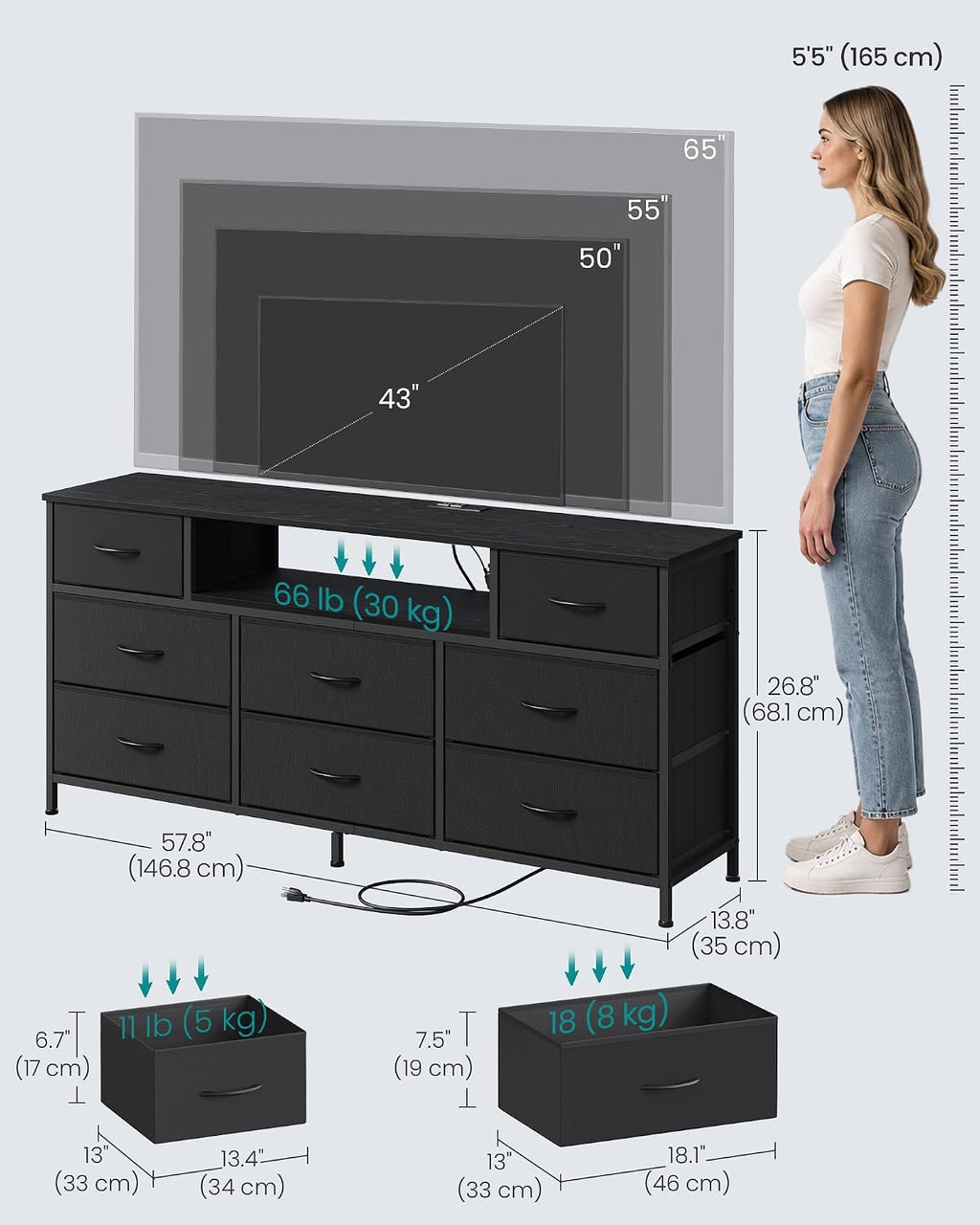 SONGMICS Dresser for Bedroom with Outlets & LED Lights, 8 Fabric Drawers