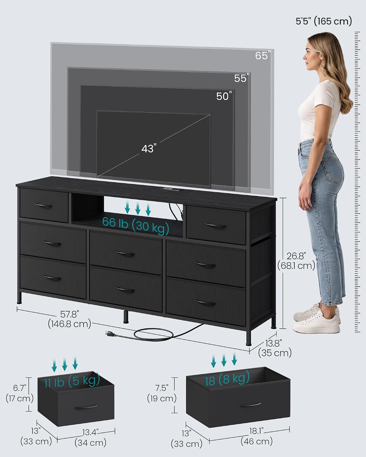 SONGMICS Dresser for Bedroom with Outlets & LED Lights, 8 Fabric Drawers