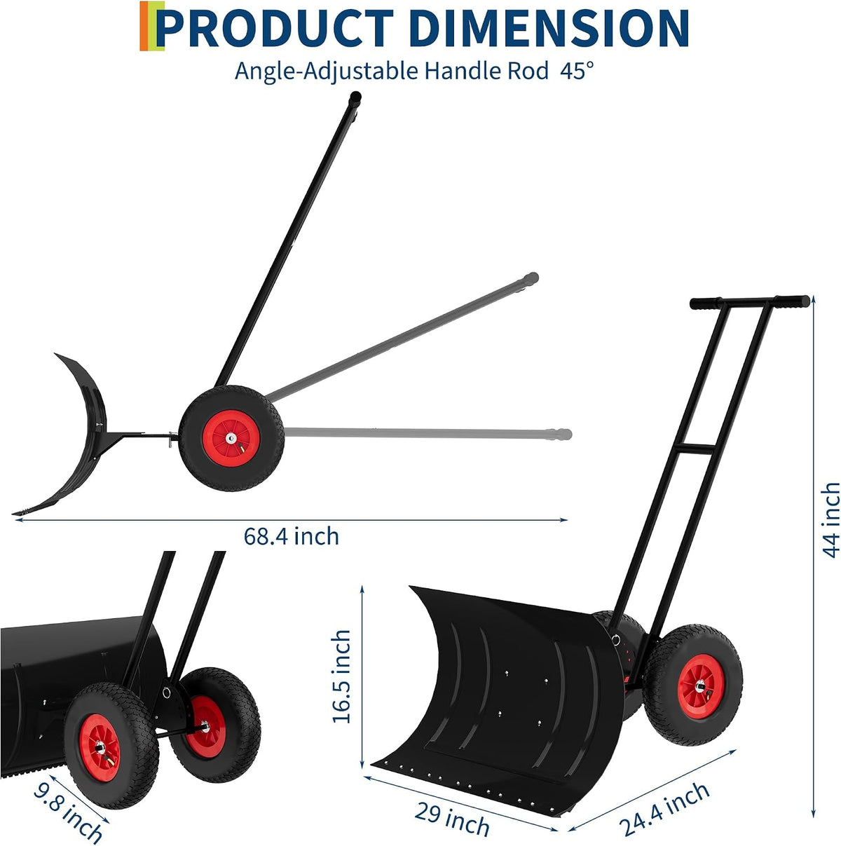 30" W x 18" h Heavy Duty Steel Snow Shovel Pusher for Driveway w/Wheels, Adjustable Handle, Angled Blade, Efficient Snow Removal, Back Saver Snow Plow, Double Rod