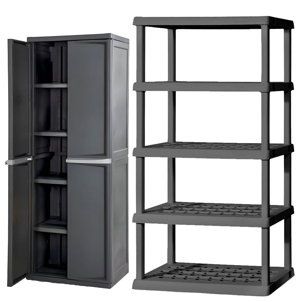 Sterilite 4 Shelf Cabinet, Lockable Utility Storage, Gray, 2-Pack
