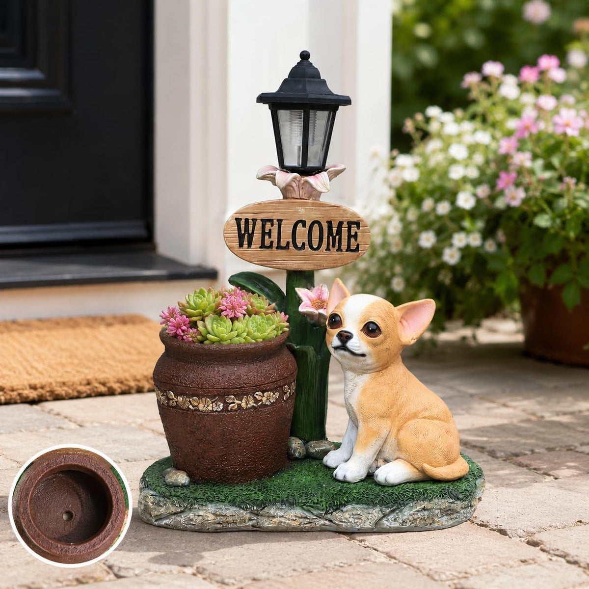 Solar Chihuahua Dog Statue with Welcome Sign & Lantern, Resin Puppy Garden Figurine Planter Pot, Realistic Outdoor LED Light for Porch, Yard Art & Lawn Decor, Unique Gift for Dog Lovers