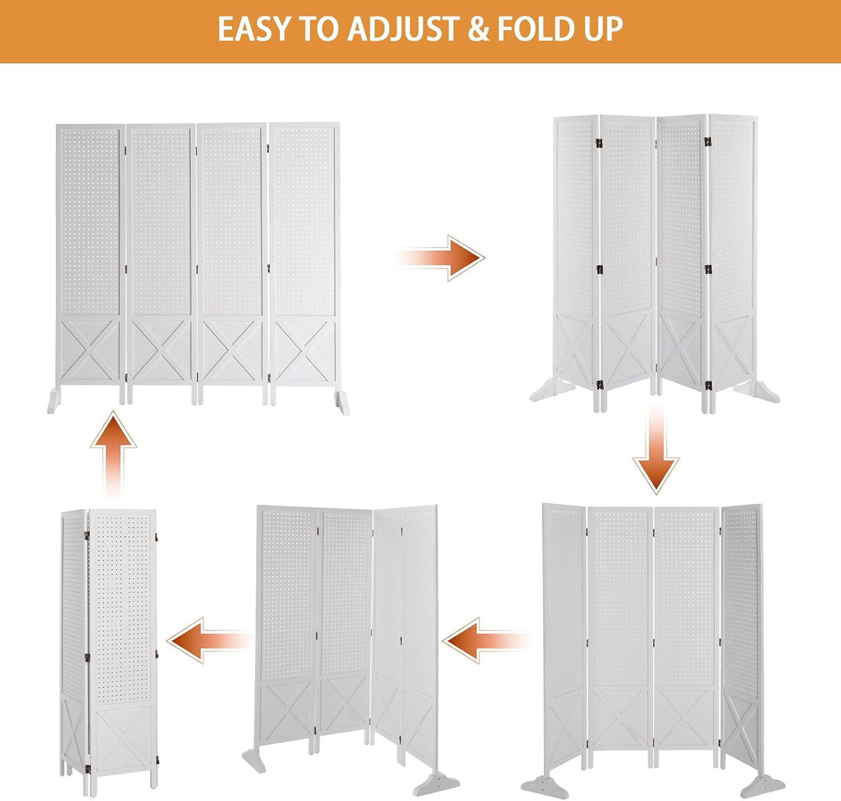 VINGLI Freestanding Pegboard with Support Feet, 5 FT Wood Room Divider Display Board Organizer, Folding Privacy Screen Partition Space Separator for Craft Shows Events Retail (White, 4 Panel)