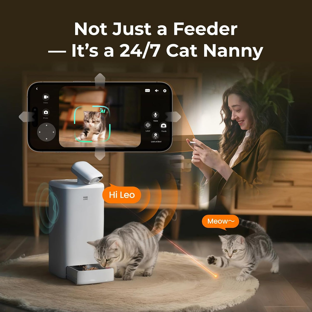 HHOLOVE Automatic Cat Feeder with Camera AI-Powered, 2k HD Video Night Vision, 5G/2.4G Wi-Fi Programmable, 2-Way Audio, Low Food Alert, Blockage Sensor, 1-Year Subscription Version