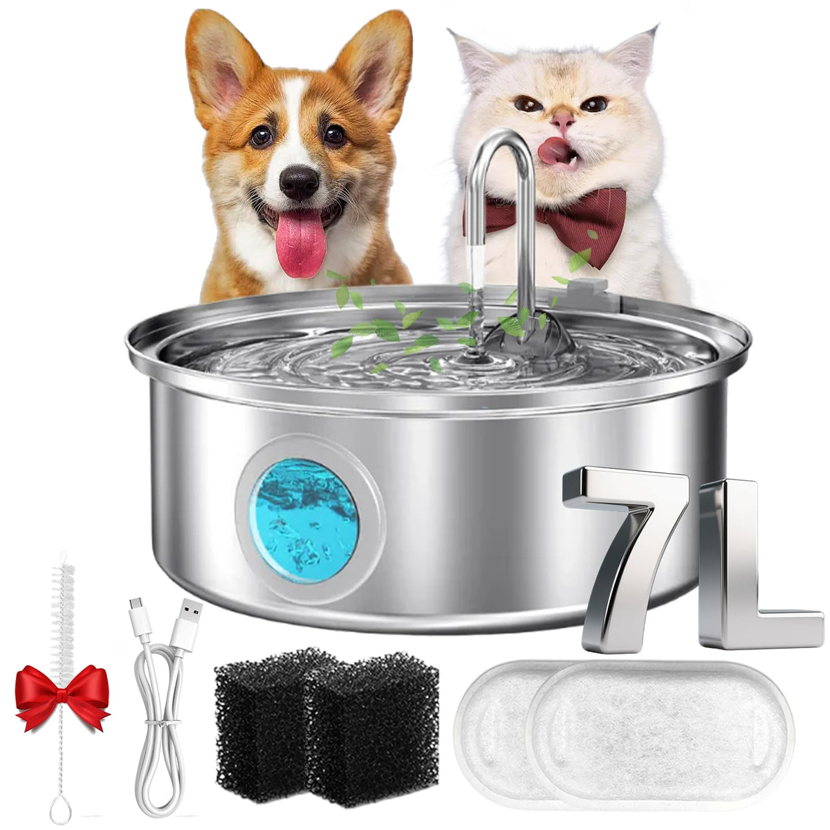 Water Fountain for Cats, 2026 New Stainless Steel Water Fountain, Ultra-Quiet Cat Fountain with 2 Filters, 3.2/7L(108/236oz) Cats Essentials Water Fountains for Cat, Dog(8Filters, 7L)