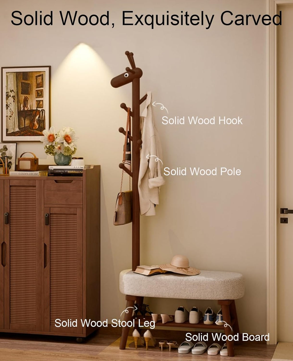 Solid Wood Shoe Bench & Coat Rack 2-in-1 - Removable for Entryway/Living Room (Walnut,23.6" L*14.1" W*68.5" H)