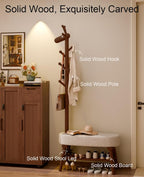 Solid Wood Shoe Bench & Coat Rack 2-in-1 - Removable for Entryway/Living Room (Walnut,23.6" L*14.1" W*68.5" H)
