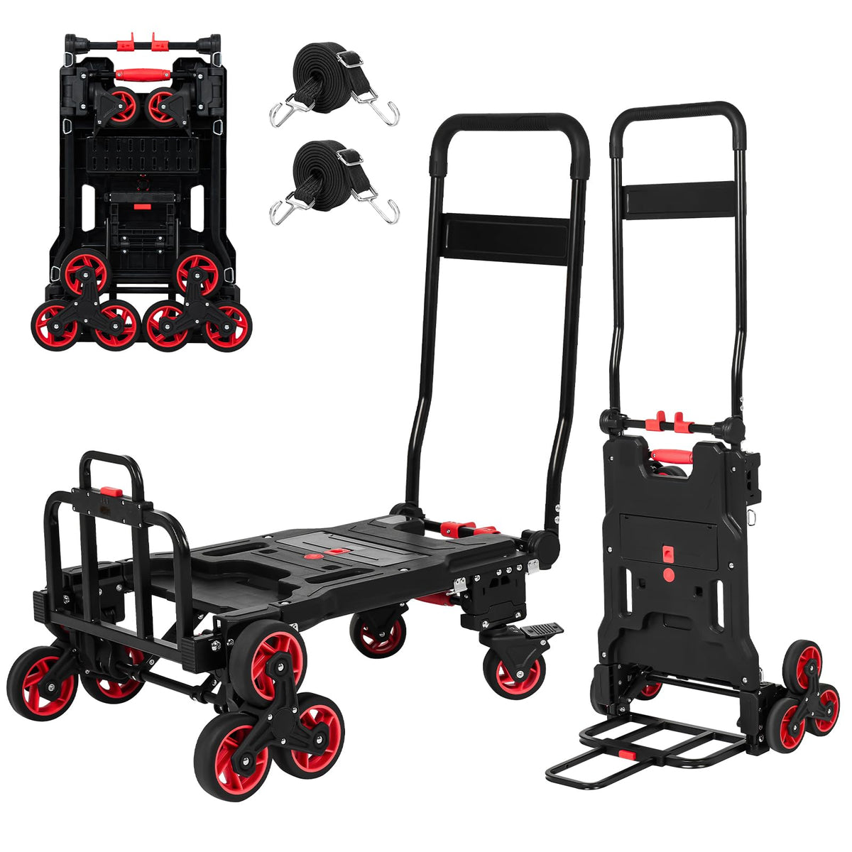 Upgraded 3 in 1 Convertible Folding Hand Truck with Brakes, Hand Truck Dolly Heavy Duty 660lbs Capacity, Stair Climbing Cart with Adjustable Shovel Board and Fixed Handle for Moving