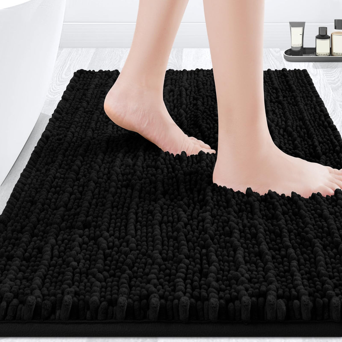 ACCUMTEK Upgrade Extra Large Black Bathroom Rug Set 3 Pieces Ultra Soft, Thick Absorbent Bath Mats, Non Slip Chenille Toilet Mat for Bathroom, Bedroom, Kitchen