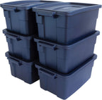 Rubbermaid Roughneck Tote 18 Gal, 6 Pack, Made in USA, Dark Indigo Metallic, Rugged Plastic Stackable Storage Bins with Lids and Handles